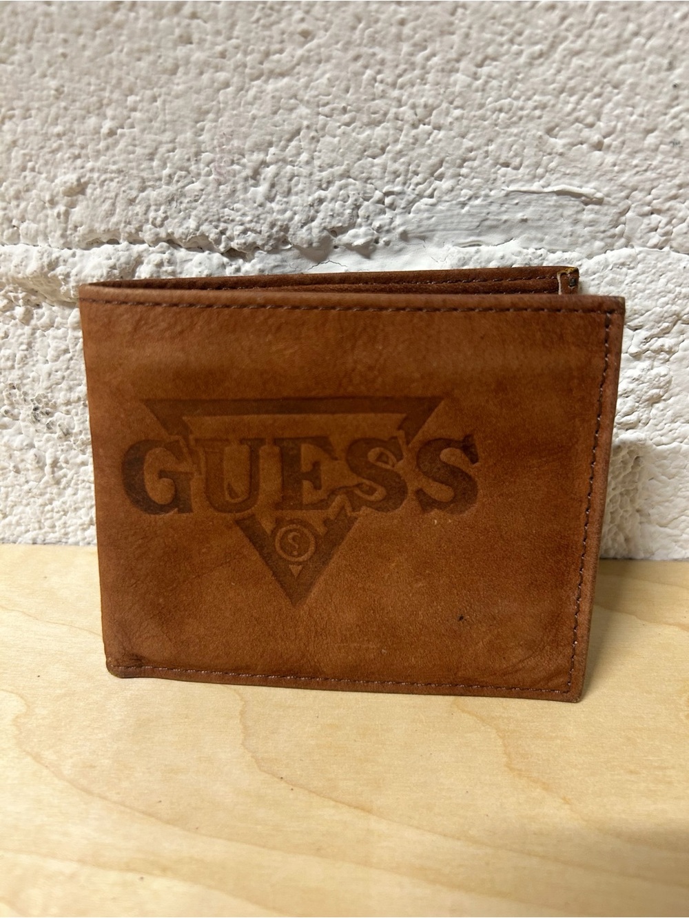 Vintage GUESS Men's Brown Suede Tri-Fold Wallet with Big Embossed Logo RARE